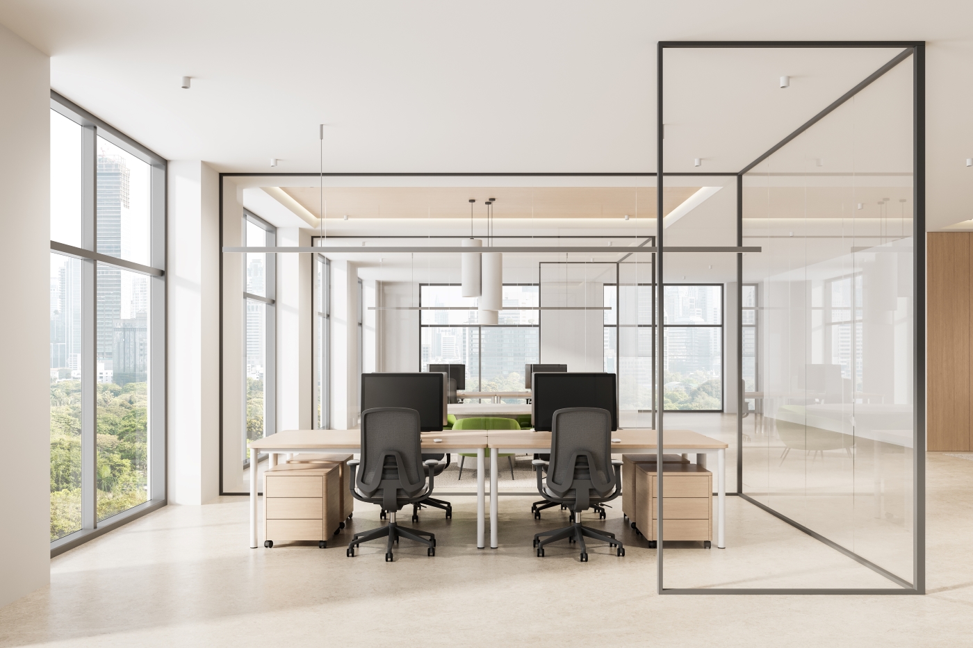 Northside Glass Ltd. Installed An All-Glass Office Screen Partition With Minimal Black Trim To Define Workstations In Cork, Ireland.