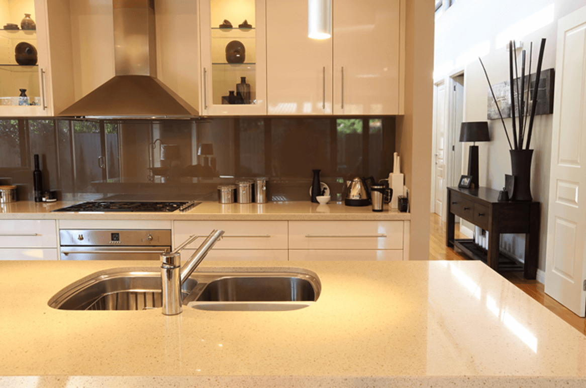 Brown Kitchen Splashback Modern Kitchen With Double Sink, Glossy Cabinets, And Stainless Steel Range Hood