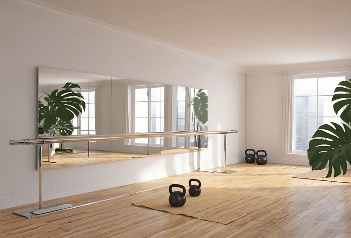 Dance Studio With Mirror Wall, Ballet Barre, Kettlebells, And Potted Plants