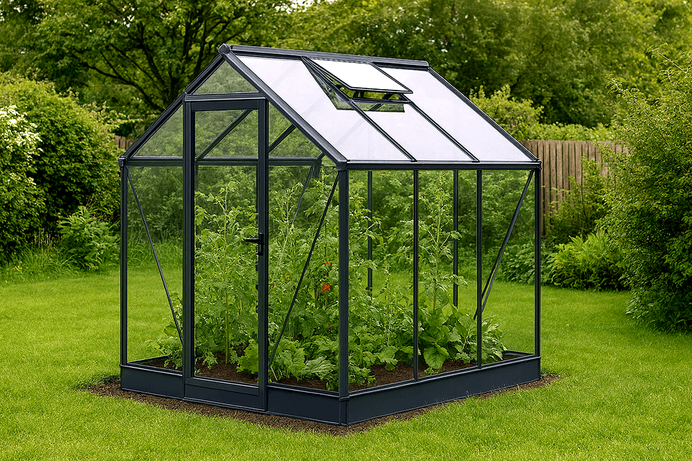 Glass Greenhouse With Black Metal Frame In Lush Garden