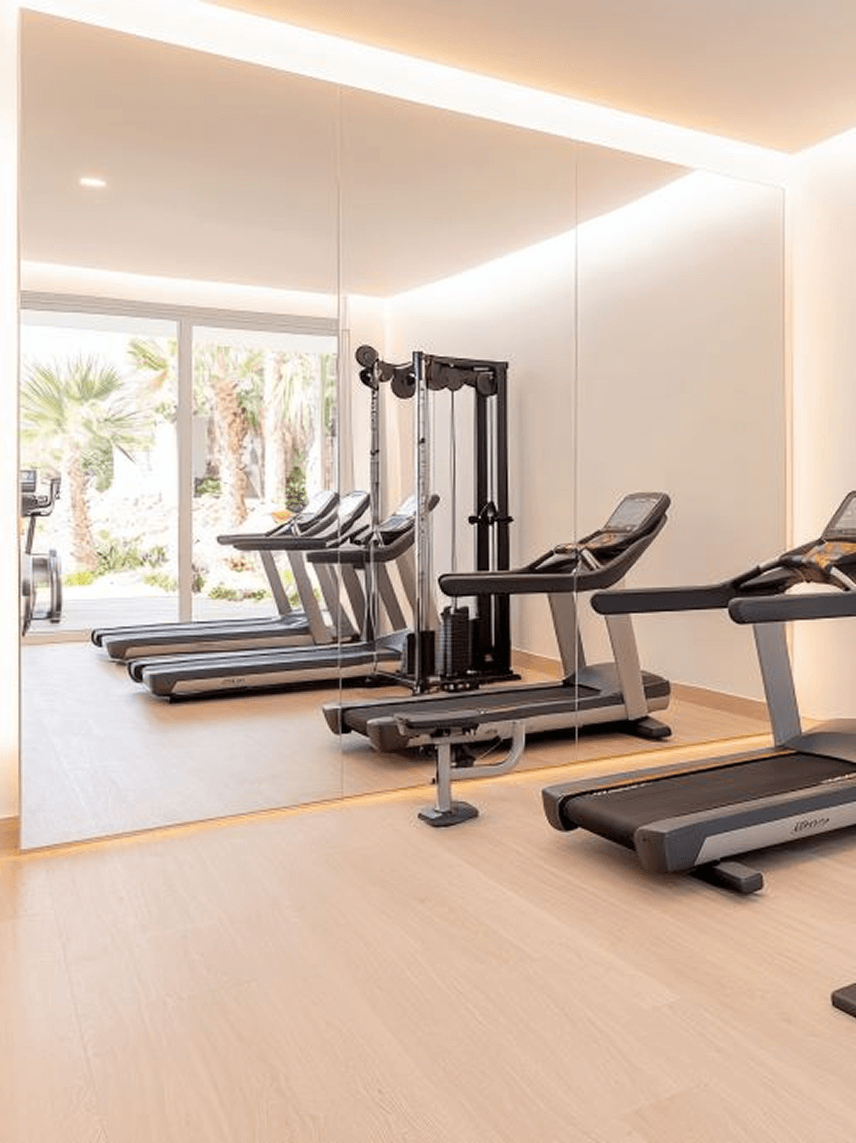 Modern Gym With Treadmills, Weight Machine, And Mirror Wall