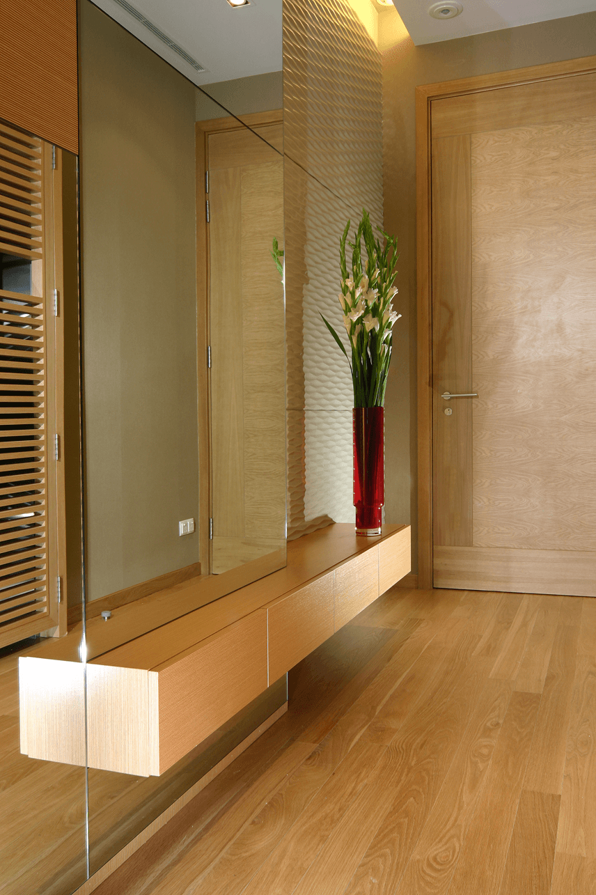 Hallway Mirror Wall Effect Modern Hallway With Wooden Flooring, Console Table, And Mirror