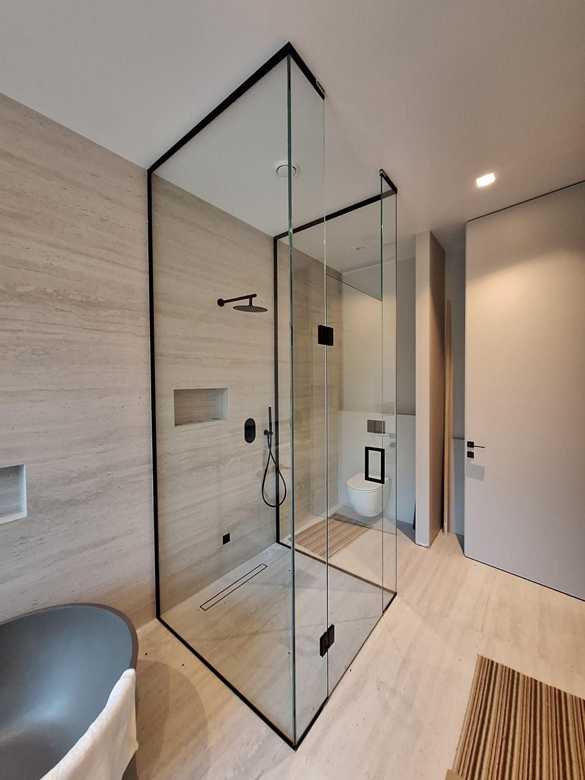 Shower Enclosure Black Trim Contemporary Shower Enclosure With Black Aluminum Frames And Clear Glass In A Modern Bathroom.