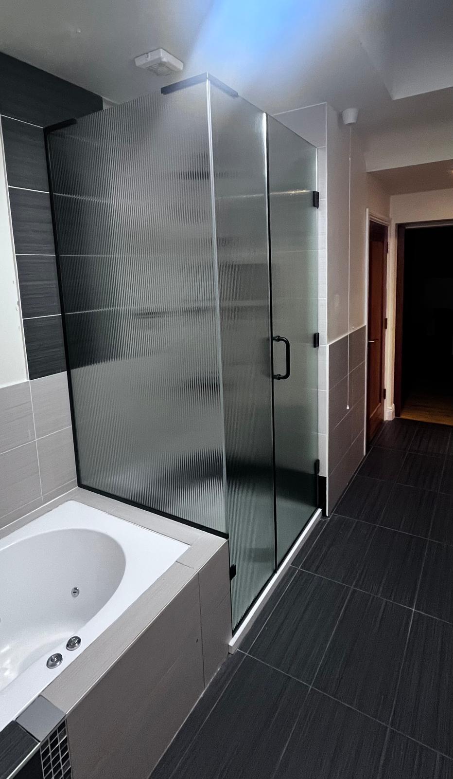 Nsg Shower Enclosures 4 Shower Enclosure With Black Hinges And Handles And Obscure Fluted Glass.