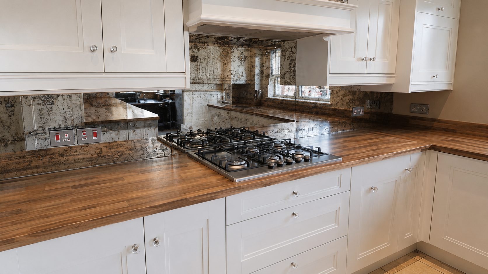Nsg Glass Splashbacks 14 An Antique Splashback With A Smooth Reflective Finish, Providing Warmth And Understated Elegance.